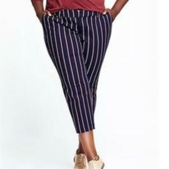 Old Navy Harper Stovepipe Navy Burgundy Stripe Mid Rise Cropped Pants Women 8 - Picture 3 of 14